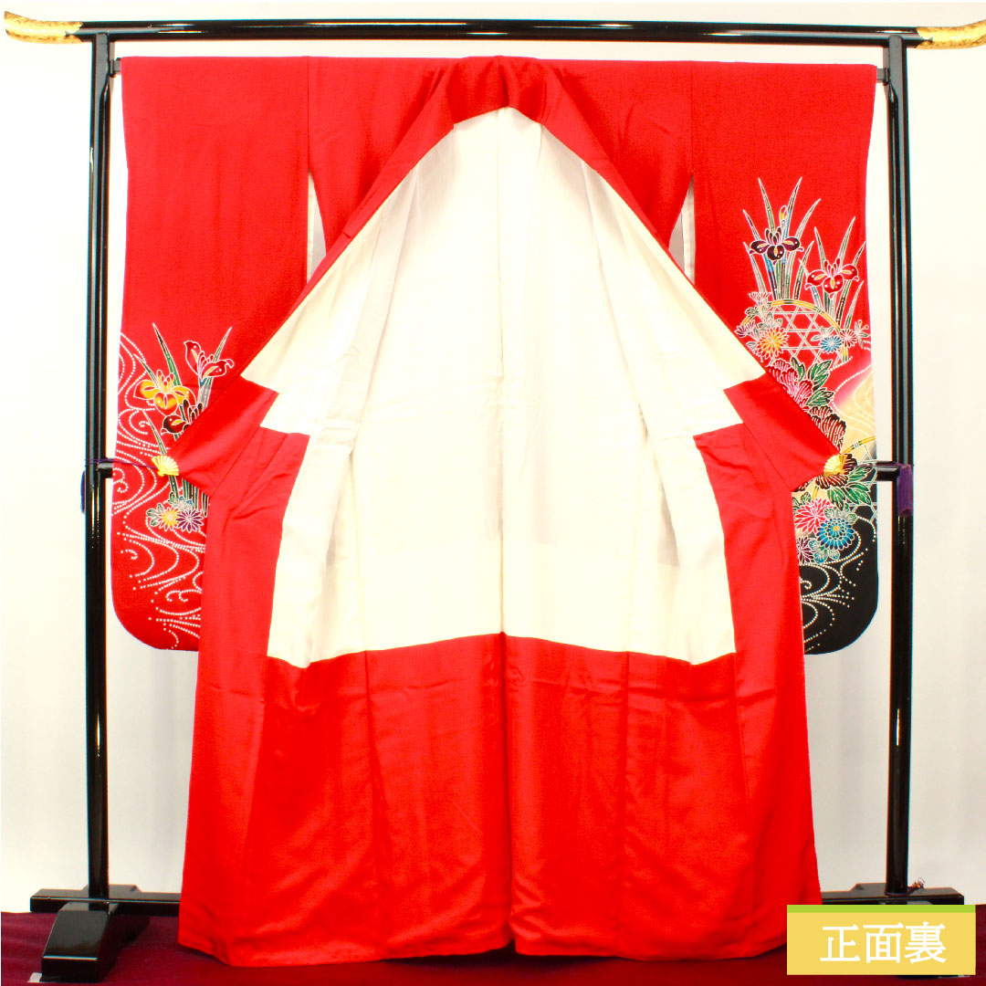 Furisode (long-sleeved kimono) made of pure silk, length 164.5cm, sleeve length 68cm, lined, old Turkish red, Kyoto Bingata, auspicious motif, S rank, red, 1113002062412