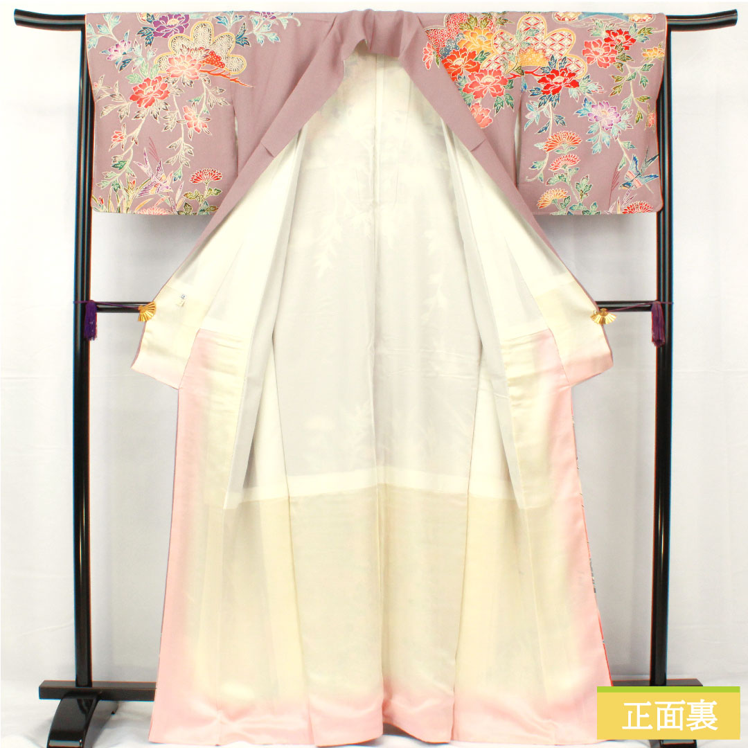 Homongi, pure silk, lined, length 164cm, sleeve length 63cm, grape color (shrimp color), Kyoto Bingata, floral pattern, A rank, purple, 1112005263420