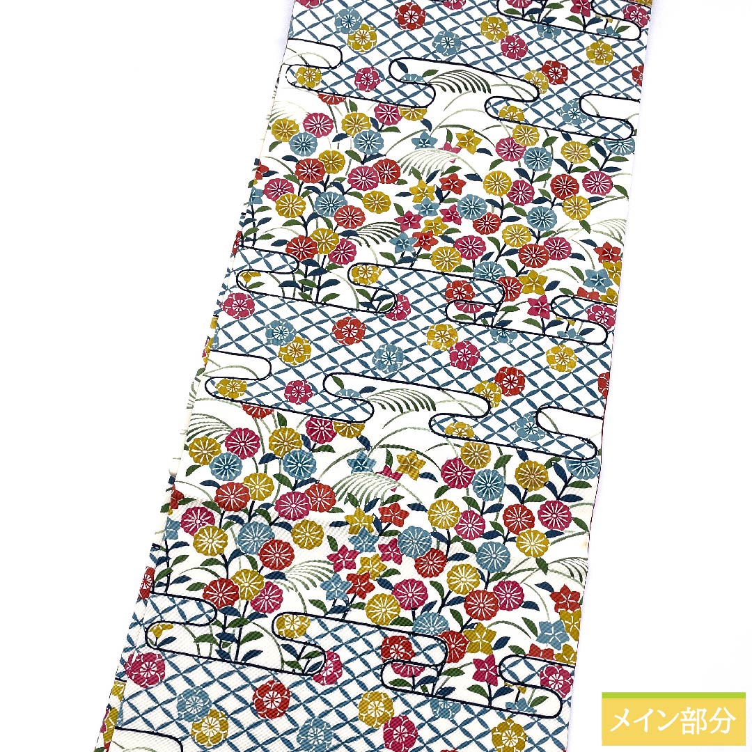 Nagoya obi, milky white color, stencil dyeing, Kyoto red pattern, Shippo, chrysanthemum, bellflower, plum, obi length 364.5cm, pure silk, S rank, full length, casual, white, 1124005872311, Nagoya style