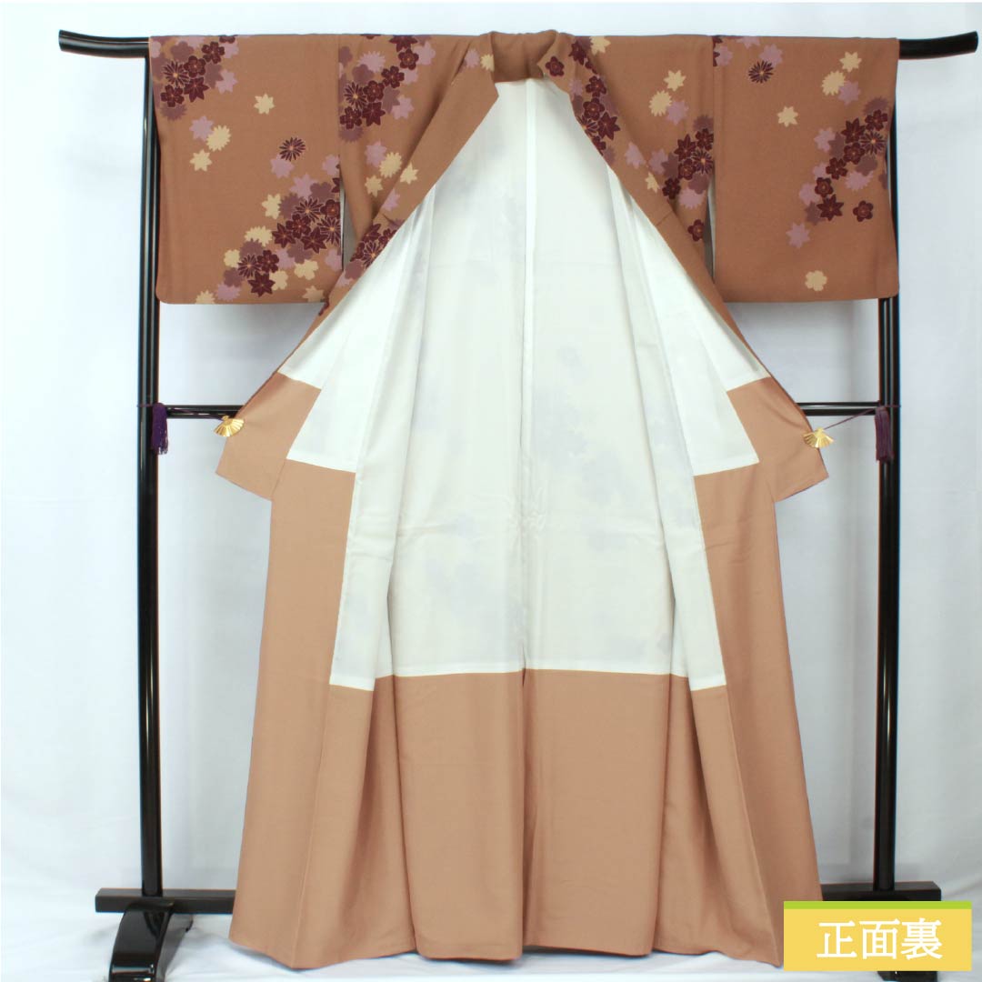 小紋 ポリエステル 身丈164.5cm 裄丈66.5cm 袷 猟虎茶色(らっこちゃいろ) 吹き寄せ 洗える着物 Sランク 茶系 1115005802414