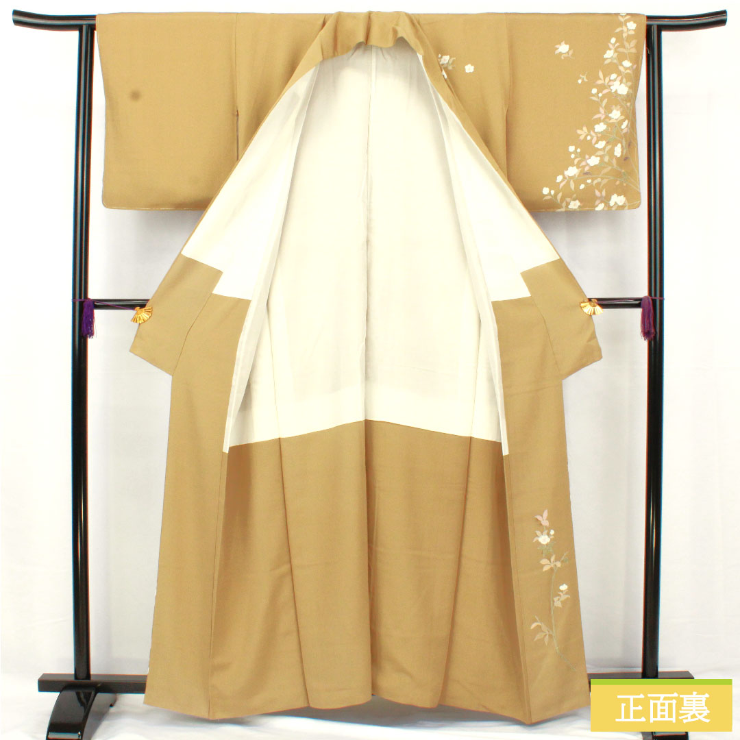 訪問着 正絹 袷 身丈159cm 裄丈62cm 楊梅色(やまももいろ) 京友禅 山茶花 Sランク 黄系 1112005232323