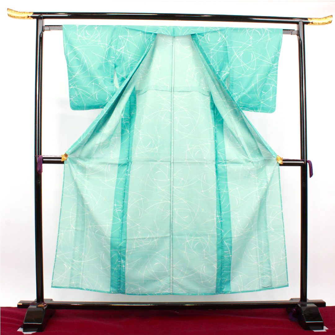 夏物 ポリエステル 小紋 身丈154.5cm 裄丈61.5cm 水浅葱色(みずあさぎいろ) 洗える着物 幾何学模様 絽 Sランク 水色系 1132001722224