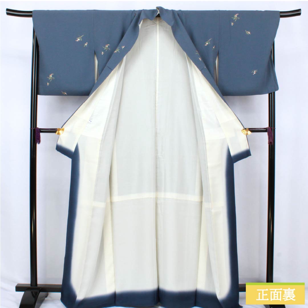 小紋 正絹 Aランク 身丈165cm 裄丈68cm 袷 裏色(うらいろ) 小花 ちりめん地 パールトーン加工 青系 1115007293517