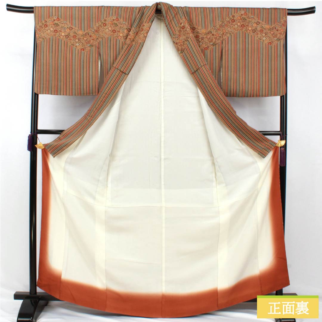 訪問着 正絹 Sランク 袷 身丈165.5cm 裄丈66.5cm 遠州茶色(えんしゅうちゃいろ) 京紅型 縞 茶屋辻 橙系 1112006892526