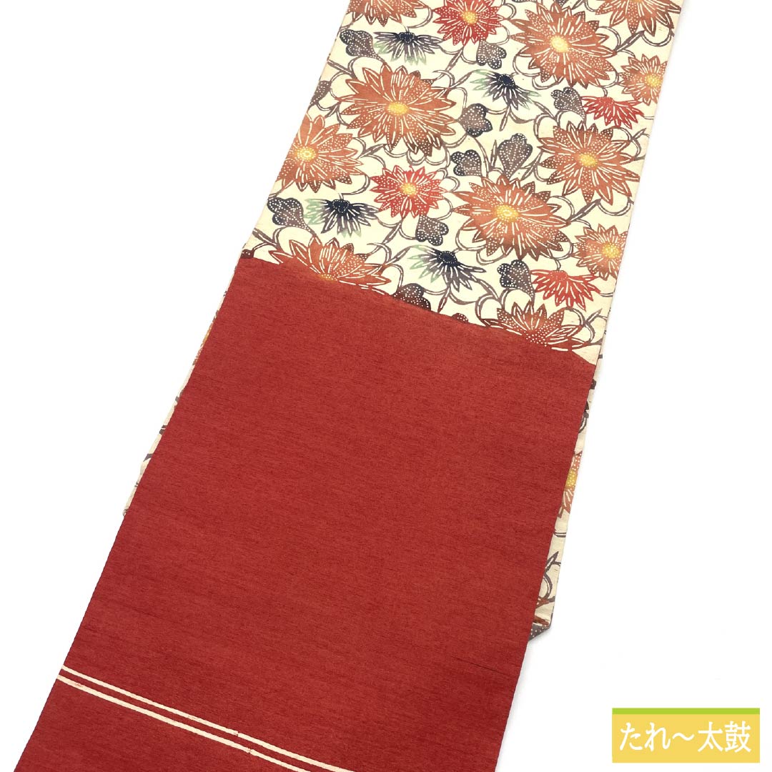 名古屋帯 正絹 Sランク 生成り色(きなりいろ) 型染 洋花模様 帯丈340cm 六通 カジュアル クリーム系 1124009772315 名古屋仕立て