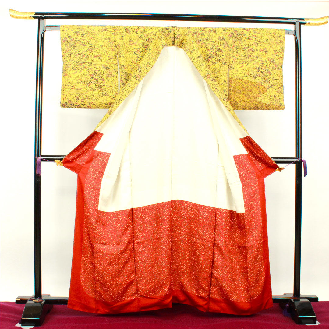 訪問着 正絹 袷 身丈161cm 裄丈64cm 白橡色 型染 草花模様 Bランク 黄系 1112002934423