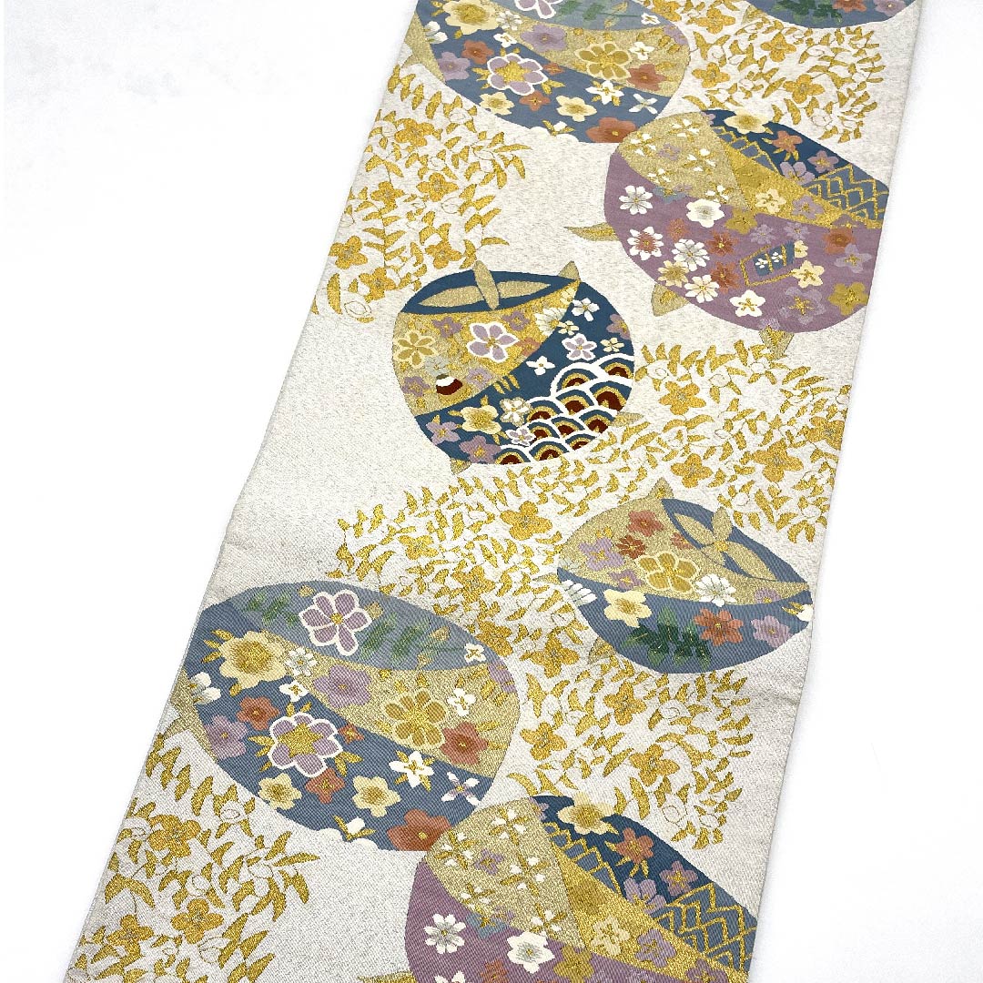袋帯 銀白色色(ぎんはくしょくいろ) 小花 帯丈446cm 正絹 Bランク 六通 セミフォーマル 銀系 1123007174322
