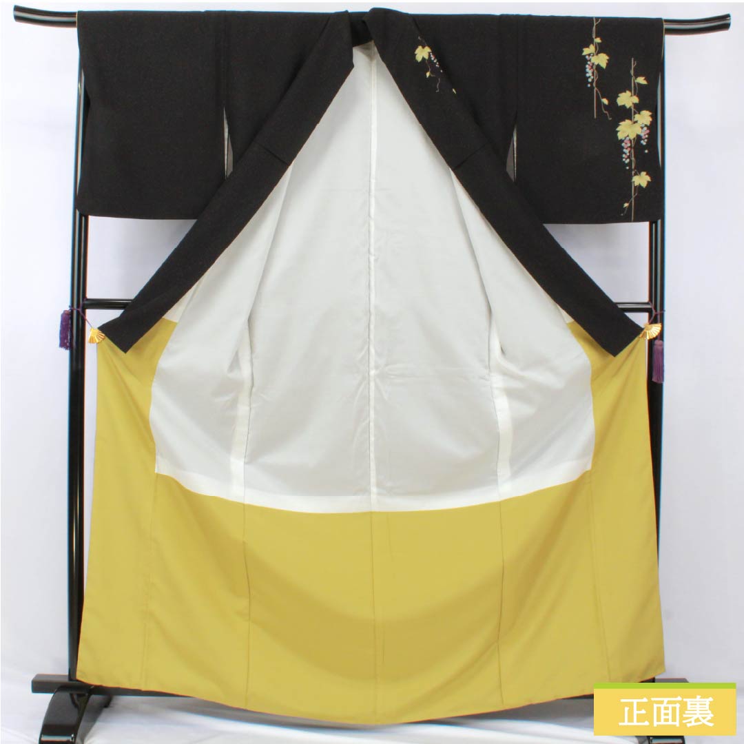 訪問着 ポリエステル Sランク 袷 身丈166.5cm 裄丈68cm 山本寛斎 蒲萄 洗える着物 付下げ 黒系 1112006942510