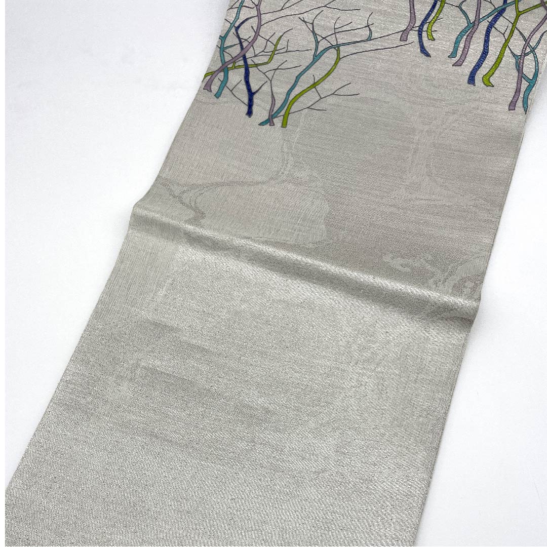 袋帯 薄鼠色(うすねずいろ) 抽象模様 染織作家 斉藤上太郎 帯丈458cm 正絹 Sランク ポイント柄 カジュアル グレー系 1123006832422