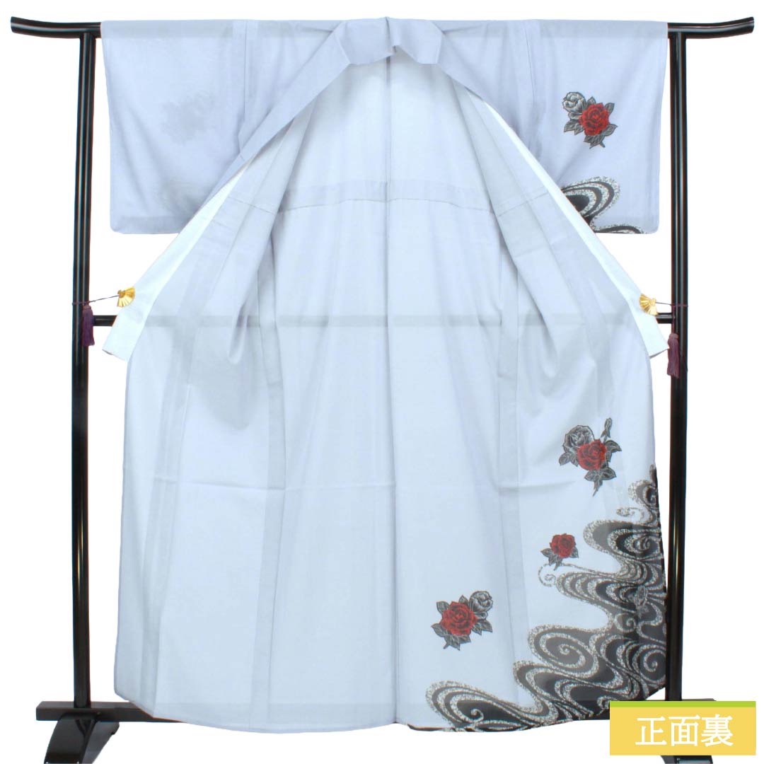 夏物 ポリエステル 付下げ Aランク 身丈160.5cm 裄丈63cm 蒼白色(そうはくしょく) 洗える着物 薔薇 流水 絽 水色系 1132006343424