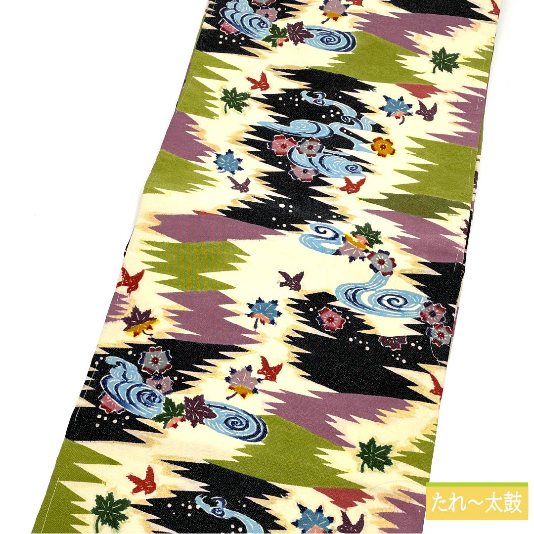 名古屋帯 生成り色(きなりいろ) 割付文様 観世流水 草花模様 帯丈340cm 正絹 Sランク 全通 カジュアル クリーム系 1124006502315 名古屋仕立て