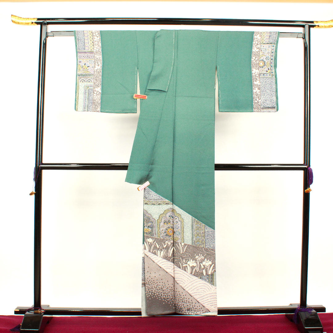Homongi, lined, length 156.5cm, sleeve length 65cm, unused, Fukagawa Onado color, chintz pattern, with basting thread, pure silk, S rank, green, 1112002102319