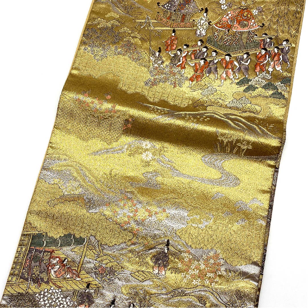 袋帯 金色 時代人物 時代風景 花模様 帯丈432cm 正絹 Aランク 六通 フォーマル 金系 1123006053321