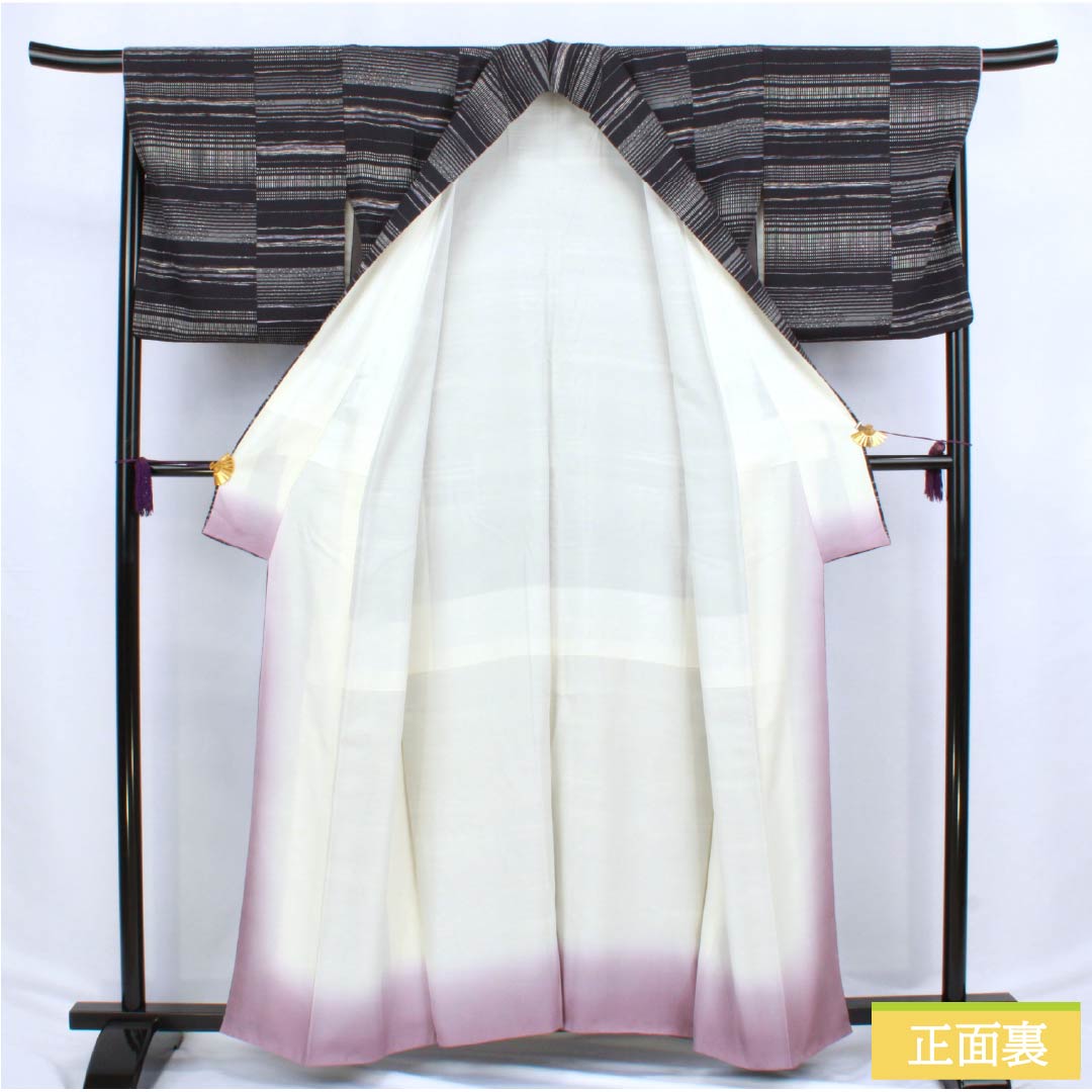 Komon (small pattern) silk, S rank, length 159.5cm, sleeve length 68cm, lined, Aisumi brown (ice-dyed) pattern, geometric pattern, black, 1115006512310
