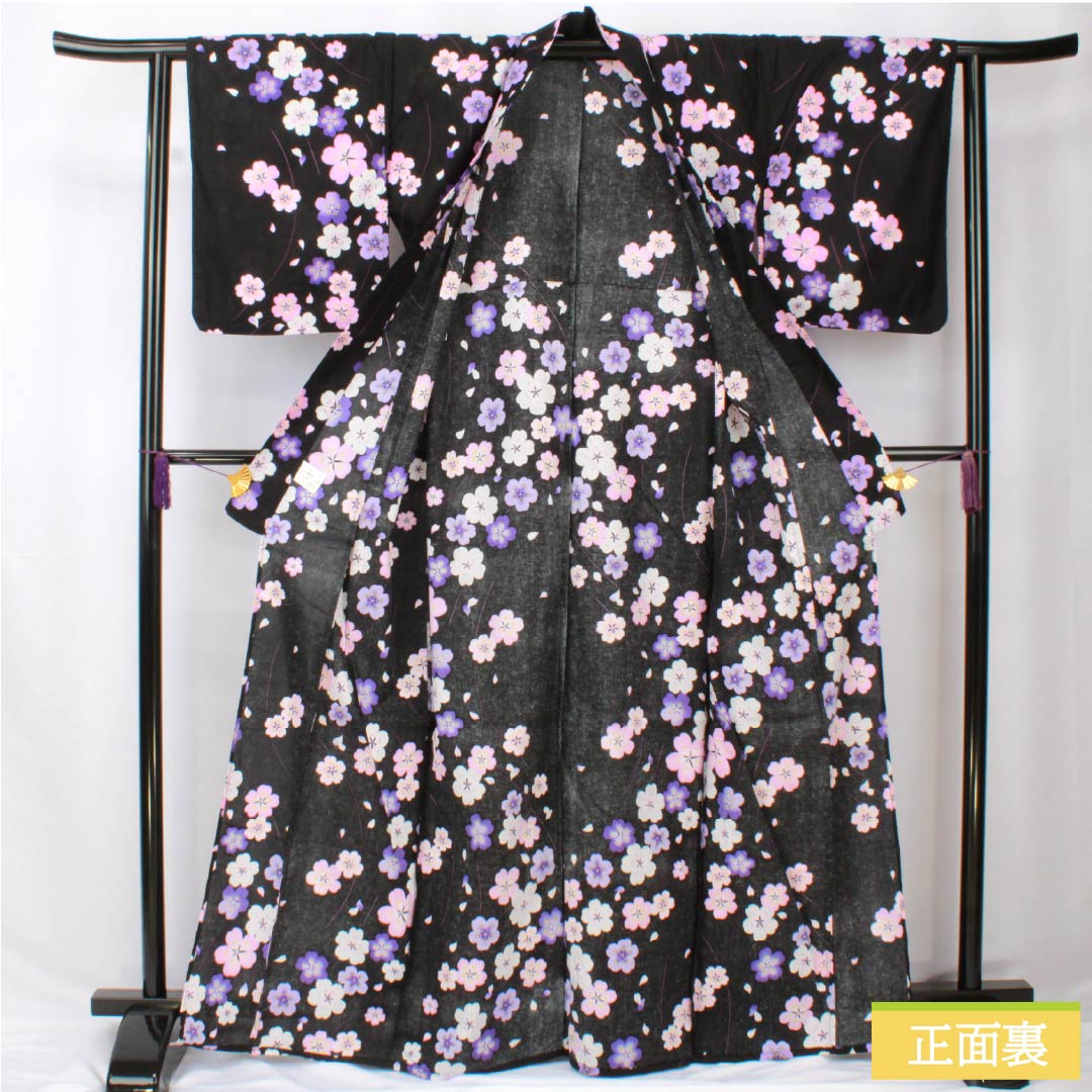 Cotton Yukata, Length 166.5cm, Sleeve Length 62.5cm, S Rank, Single Layer, Black, Cherry Blossom Design, 1118005932510