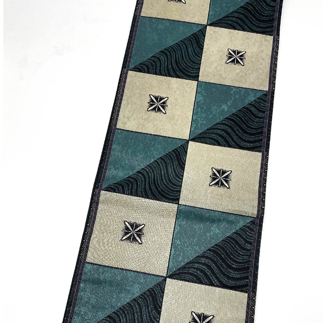 袋帯 深藍色(ふかきあいいろ) 市松模様 星 波 帯丈427cm 正絹 Aランク 六通 セミフォーマル 緑系 1123009003319