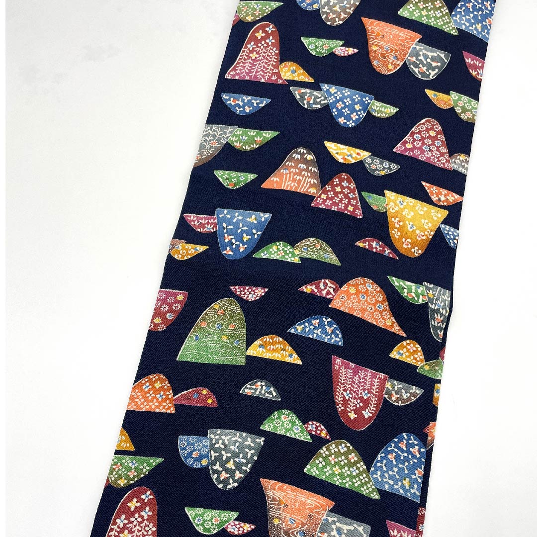 名古屋帯 鉄葡萄色 型染 京紅型 山 帯丈341.5cm 正絹 Sランク 全通 カジュアル 紺系 1124004972318 名古屋仕立て