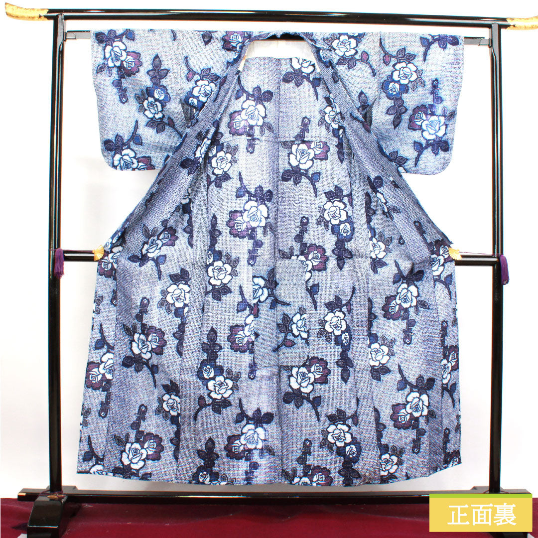 浴衣 木綿 身丈155cm 裄丈63cm Aランク 単衣 紺系 濃紺色(のうこんいろ) リップル 薔薇 1118004582318