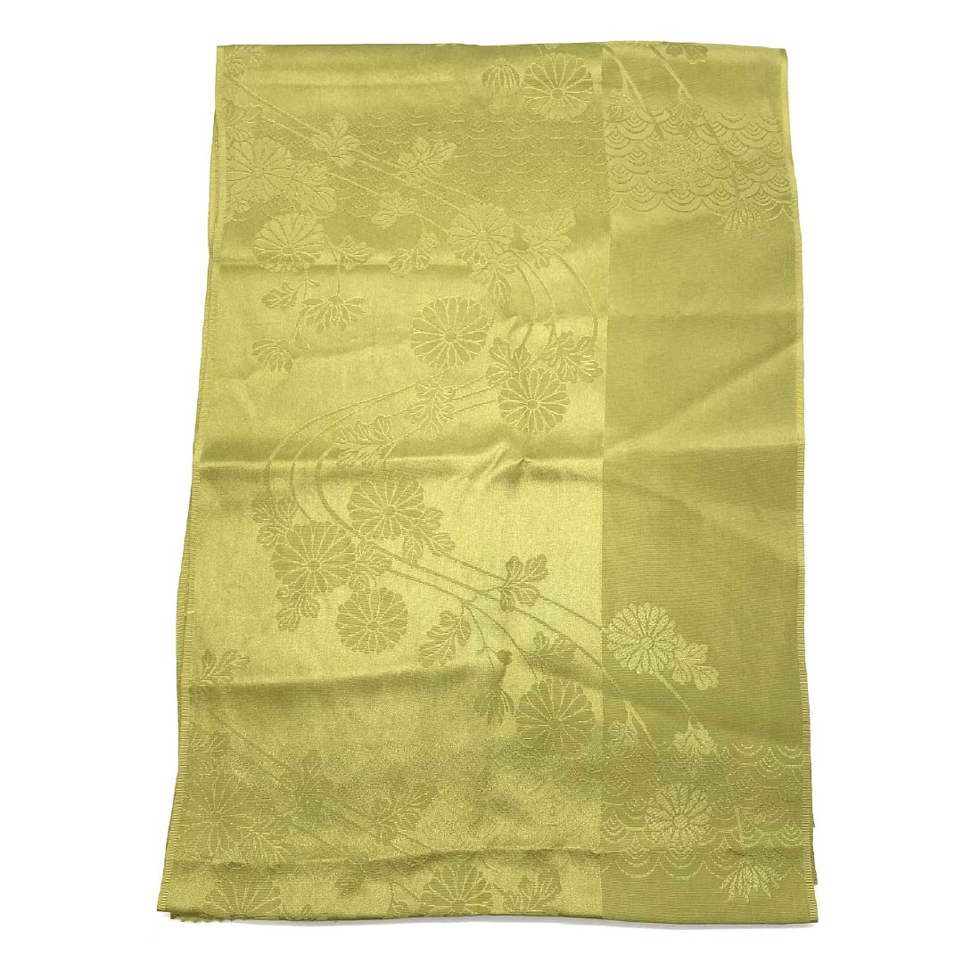 Obiage, pure silk, formal, light yellow, chrysanthemum, Seigaiha, classic pattern, length 174cm, width 30.5cm, S rank, green, 1136000502919