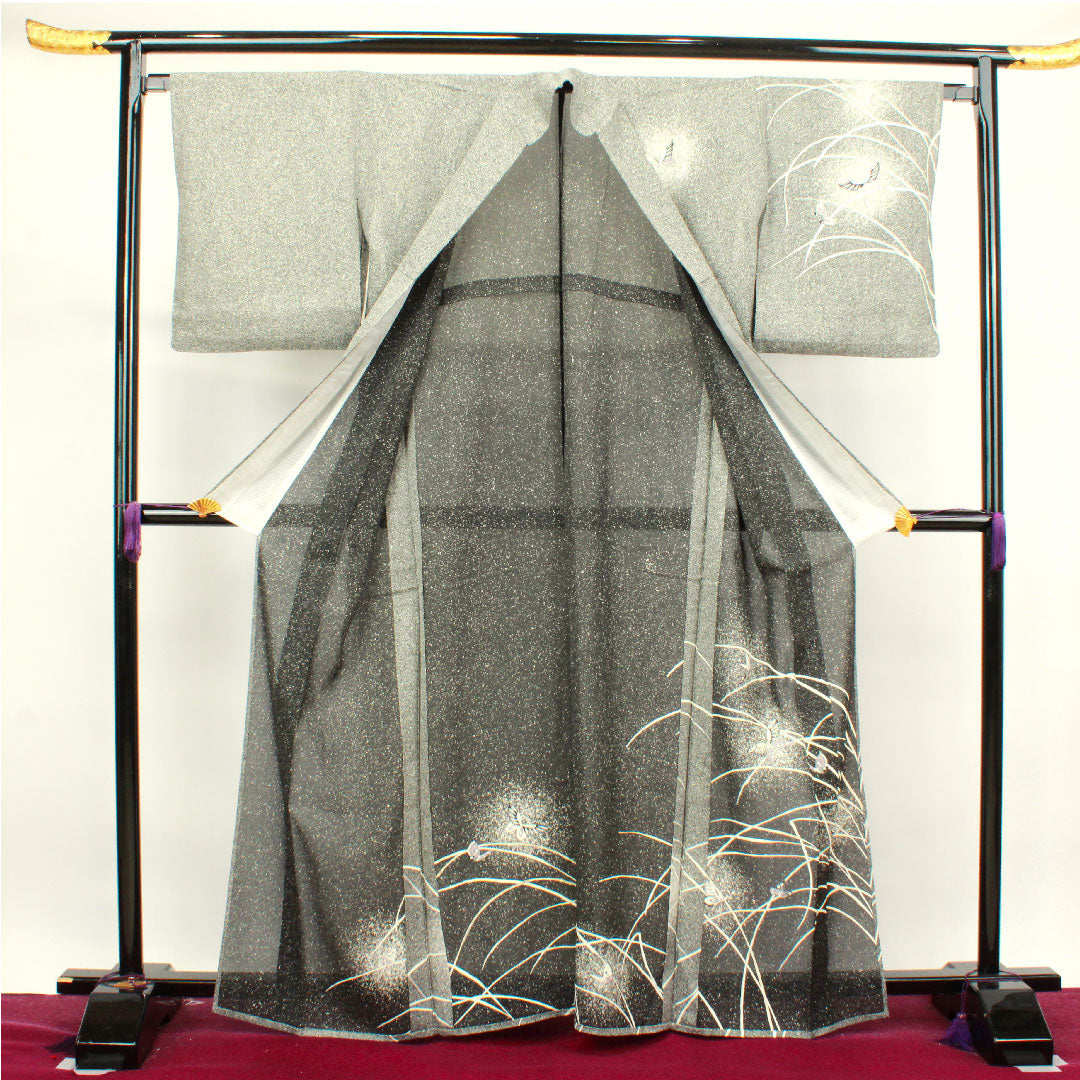 夏物 正絹 訪問着 身丈165cm 裄丈66cm モノトーン 蝶 露草 絽 Sランク グラデーション系 1132000592599