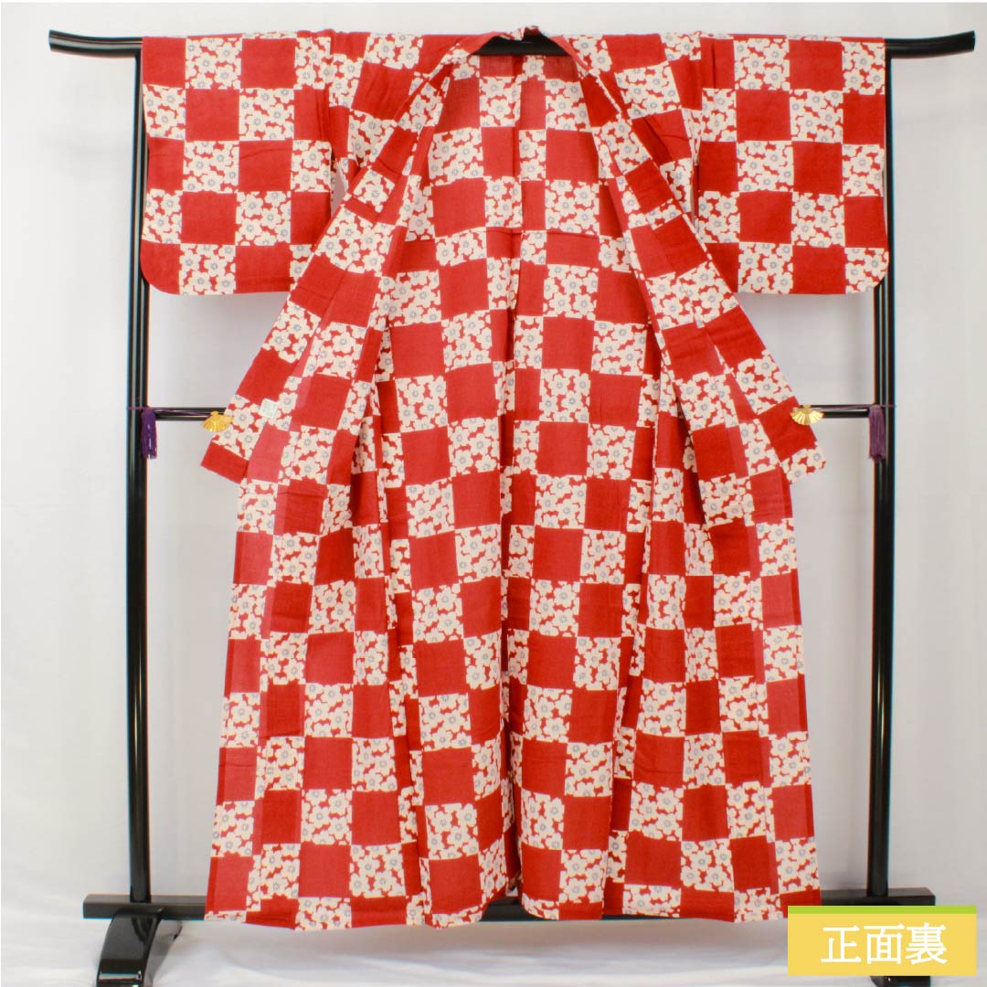 浴衣 木綿 身丈157cm 裄丈67cm Bランク 単衣 朱系 濃紅葉色(こいもみじいろ) 市松模様 桜 撫松庵 1118005524316