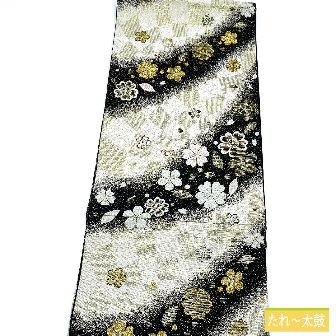袋帯 正絹 胡粉色(ごふんいろ) 桜 梅 変わり市松 帯丈436cm Sランク 六通 フォーマル 白系 1123011492311