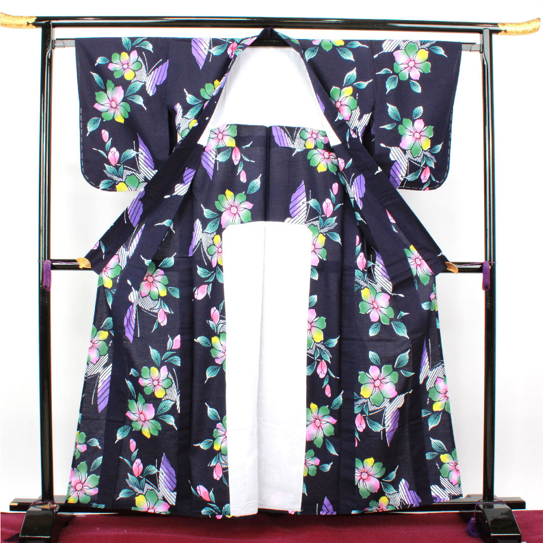 Yukata, dark blue, floral pattern, cotton, S rank, single layer, length 161.5cm, sleeve length 64cm, navy blue, 1118001982418