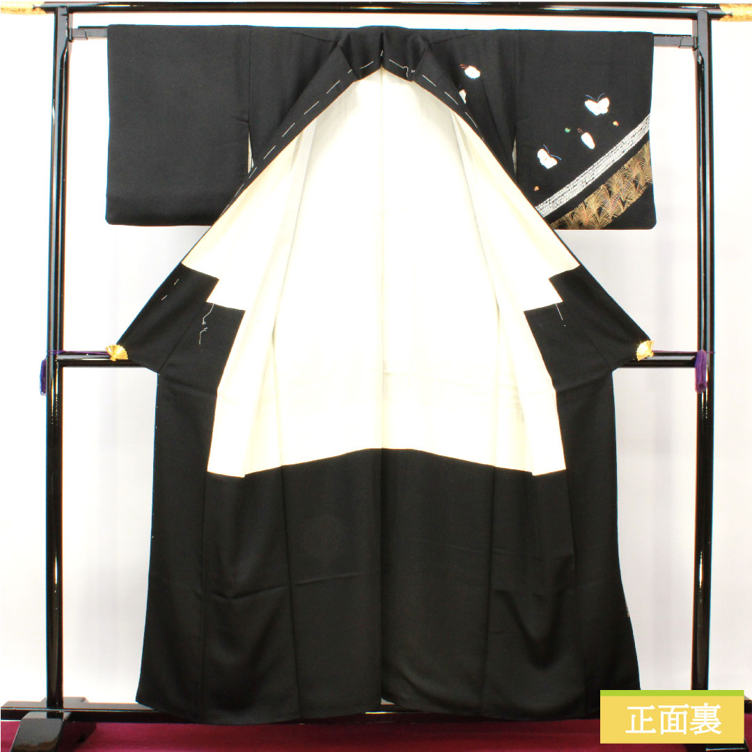 訪問着 正絹 袷 身丈157.5cm 裄丈63.5cm 絞り 蝶 Aランク 黒系 1112004393310