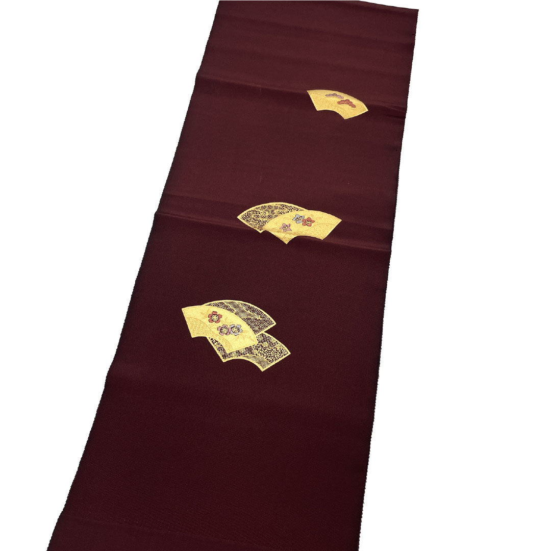 Semi-formal obiage (sash) made of pure silk, S-rank, in mulberry green, featuring a classic fan pattern, approximately 170cm long and 31cm wide, brown. Product number: 1136001662914