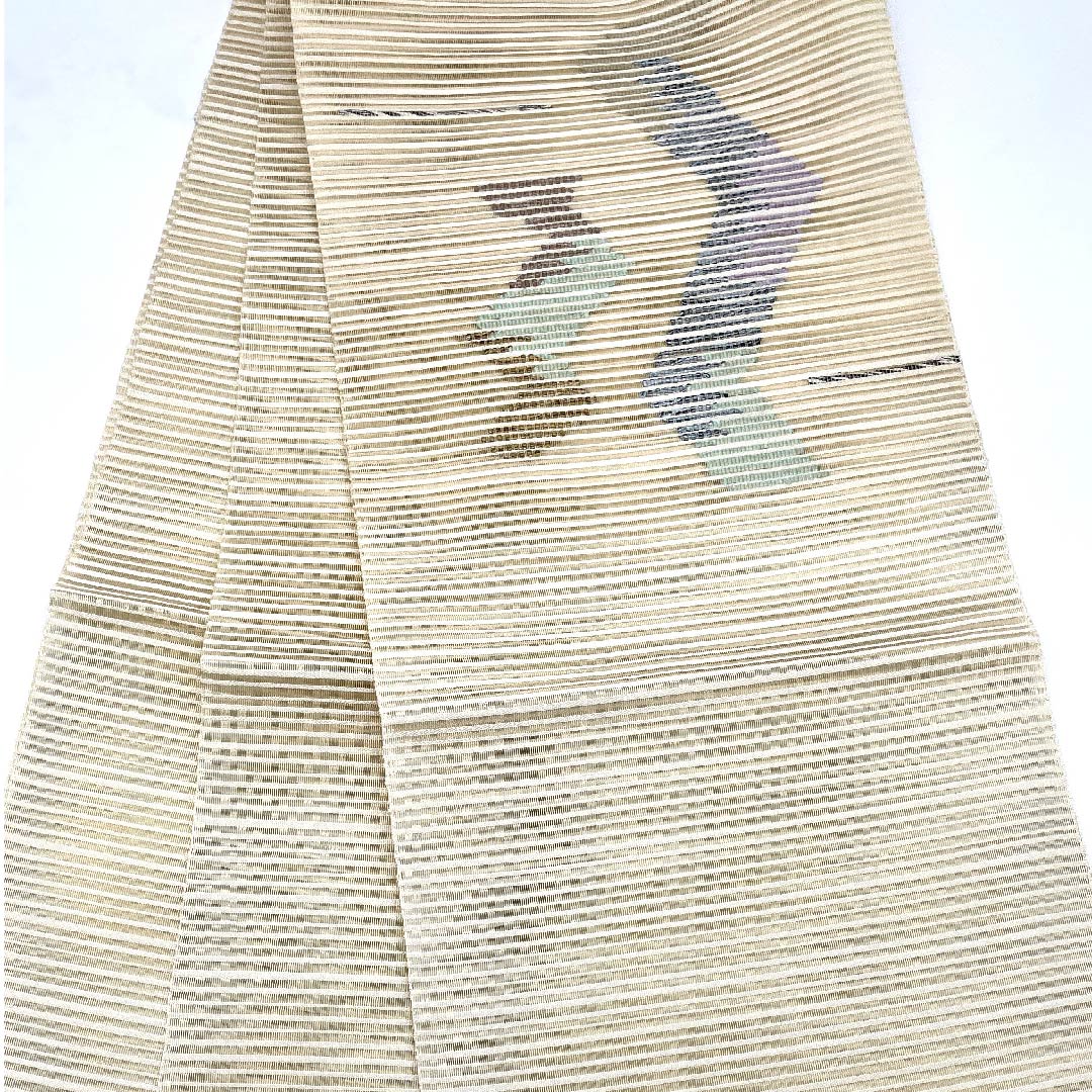 名古屋帯 生成り色 夏帯 絽 抽象模様 西陣織 帯丈376cm 正絹 Sランク ポイント柄 カジュアル クリーム系 1124003882315 開き仕立て