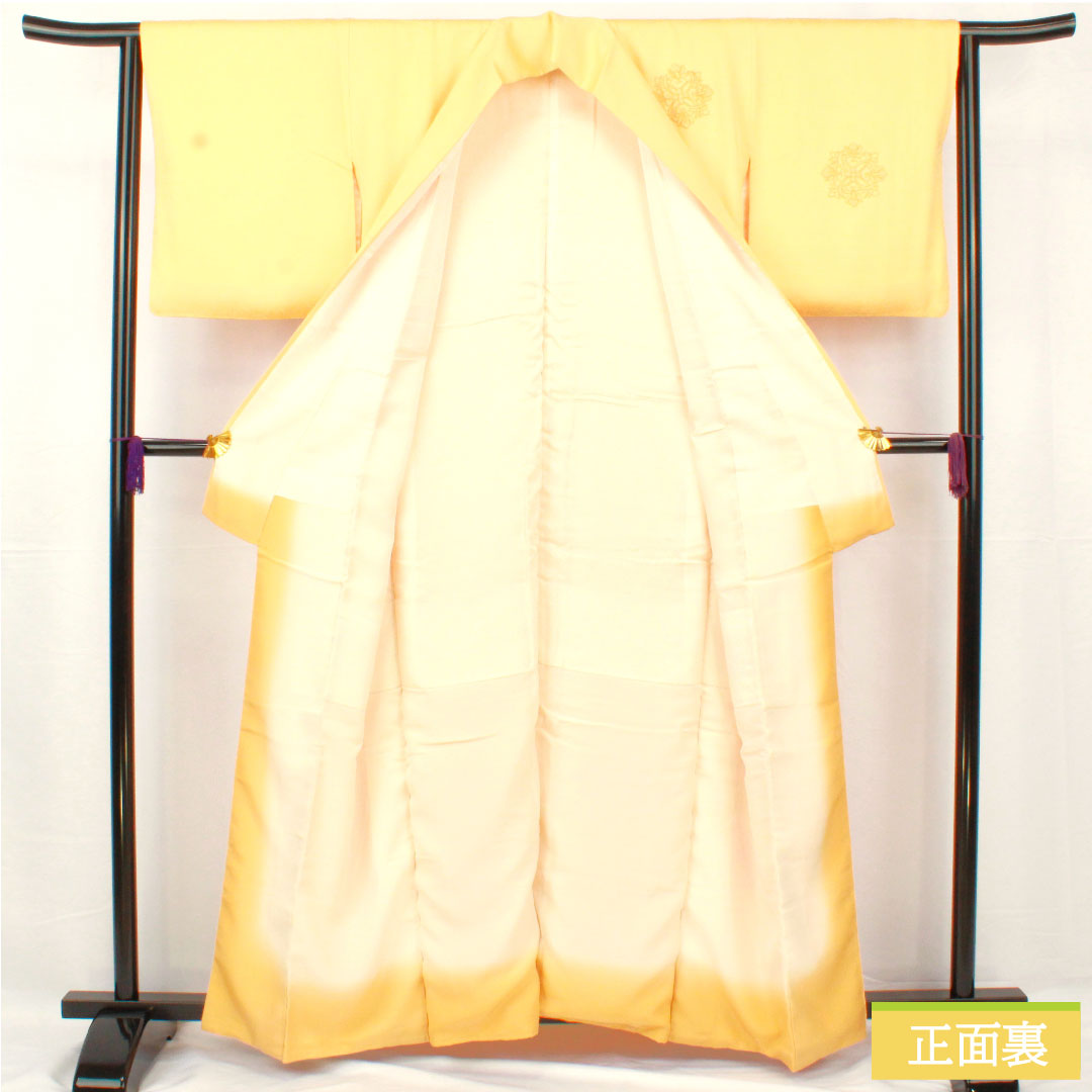 Homongi, pure silk, lined, length 159.5cm, sleeve length 61cm, light tangerine color, Sagara embroidery, floral pattern, one crest, quince, S rank, yellow, 1112005082323