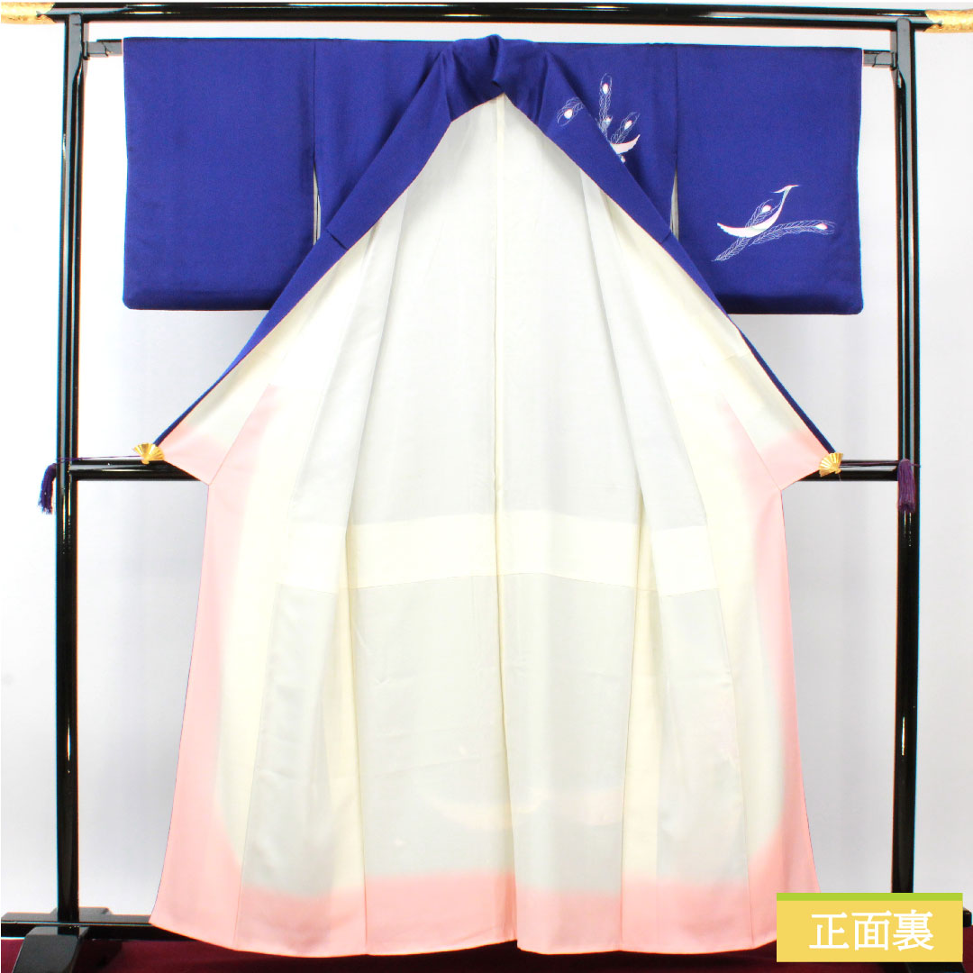 Homongi, pure silk, lined, length 161cm, sleeve length 65.5cm, bellflower color, Kyoto Yuzen, peacock, A rank, navy blue, 1112004353418