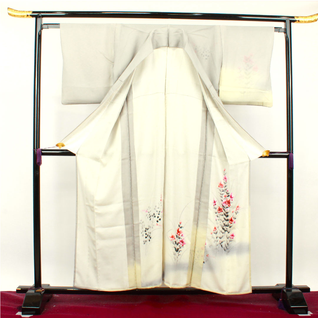 夏物 正絹 訪問着 身丈157cm 裄丈63.5cm 雲井鼠色(くもいねずいろ) 草花模様 二重紗 Aランク グレー系 1132001543322