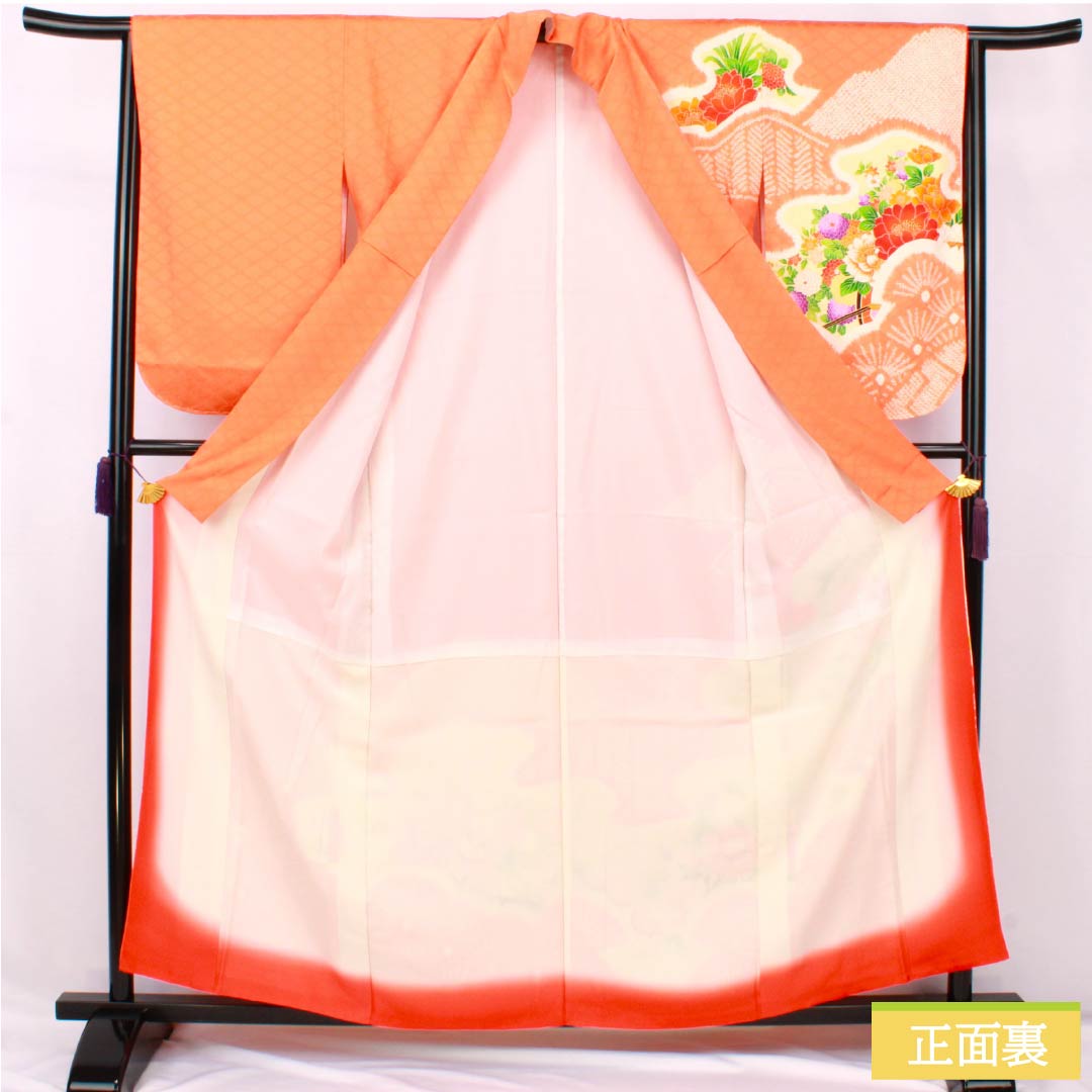 訪問着 正絹 Aランク 袷 身丈158cm 裄丈62cm 赤橙色(あかだいだいいろ) 京友禅 絞り 吉祥文様 入子菱 花 橙系 1112007513326