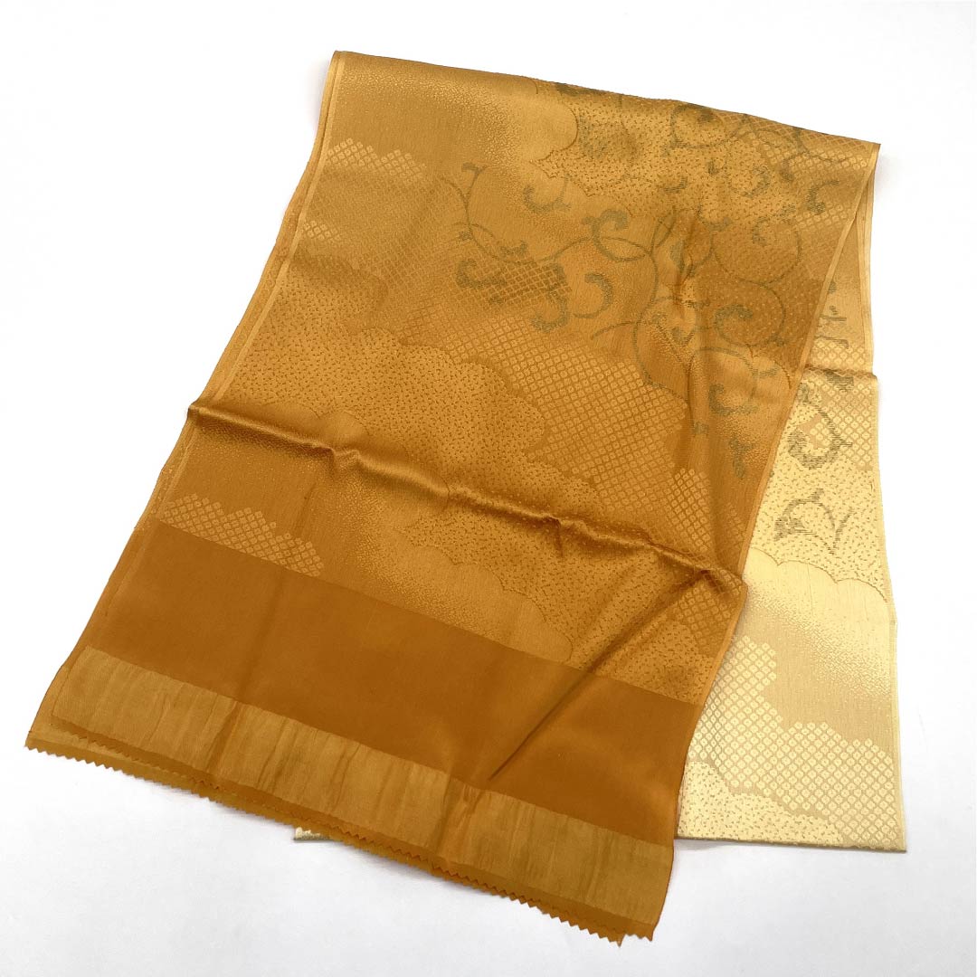 (新古品) 帯締め・帯揚げセット 正絹 Sランク 淡黄蘗色(うすきはだいろ) 玉蜀黍色(とうもろこしいろ) 唐草模様 雲取り 長さ約160cm 幅約1.5cm セミフォーマル 黄系 1141000192323