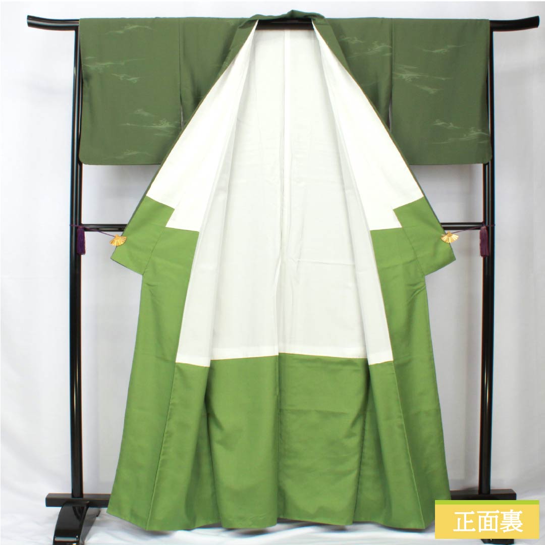 Solid-colored polyester kimono, length 163cm, sleeve length 65cm, pine needle color (matsubairo), made of brocade, washable, lined, S rank, green, product number 1114002172419