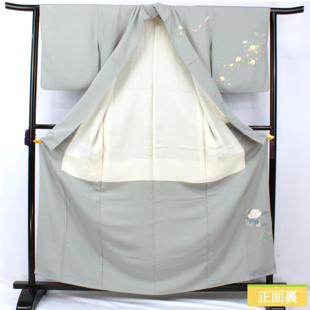 Visiting Kimono, Pure Silk, Grade A, Lined, Length 160.5cm, Sleeve Length 63cm, Kaga Yuzen, Floral Design, Artist's Work, Tsukesage, Gray, Product Number: 1112006933422