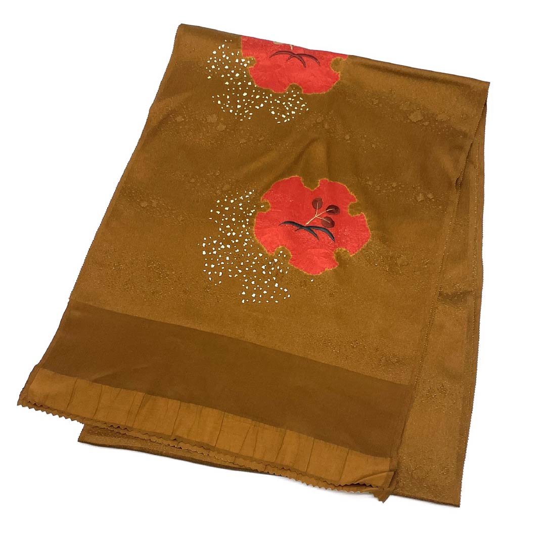帯揚げ 正絹 Sランク セミフォーマル 黄褐色(おうかっしょく) 雪輪 部分絞り 刺繍 長さ約170cm 幅約30.5cm 茶系 1136002722914