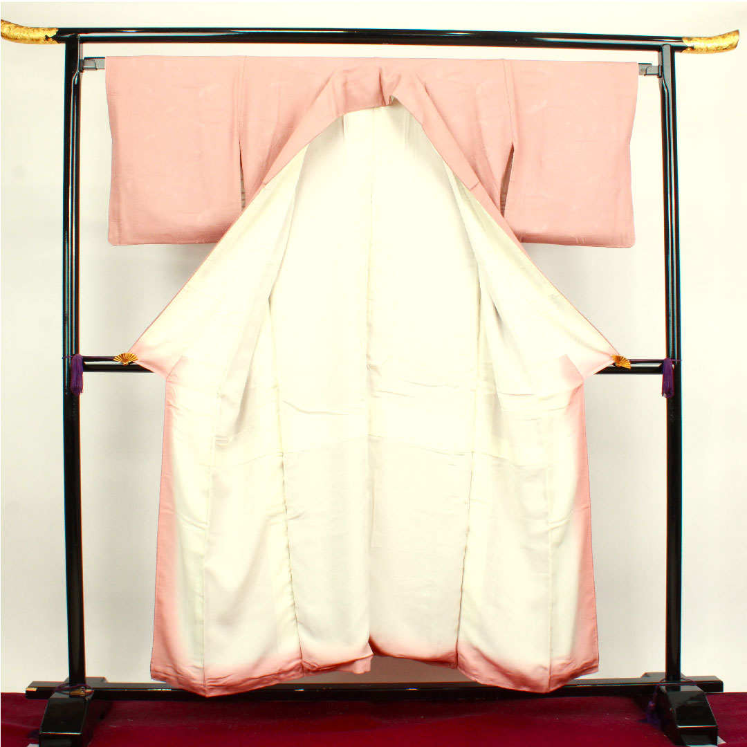 色無地 正絹 水柿色 抽象模様 下り藤 身丈152.5cm 裄丈64cm 袷 Aランク ピンク系 1114000853213