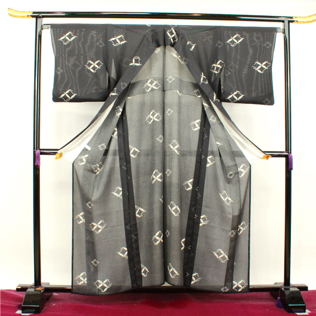 夏物 正絹 小紋 身丈157.5cm 裄丈65cm 七宝 絽 Sランク 黒系 1132001522310