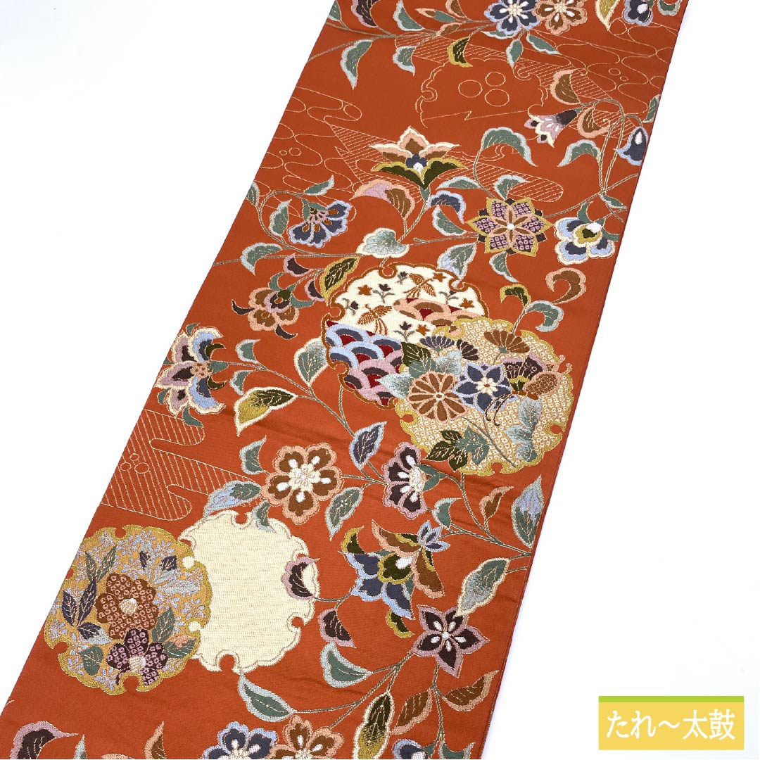 袋帯 正絹 紅柿色(べにかきいろ) 留袖用 白綾苑大庭 雪輪 花模様 帯丈436cm Sランク 六通 フォーマル 橙系 1123014402326