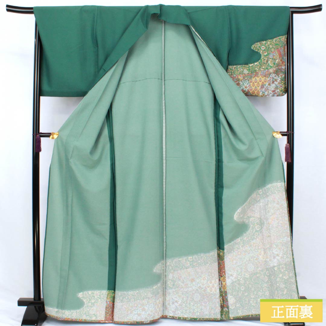 Formal Kimono, Polyester, Rank A, Unlined, Length 166.5cm, Sleeve-to-sleeve 66.5cm, Moe-gi Green, One Family Crest (Kage-tsuta), Stencil-dyed, Arabesque, Washable Kimono, Green Tones, 1112007613519