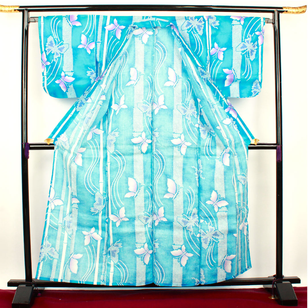 浴衣 蝶 木綿 Sランク 単衣 身丈160cm 裄丈67cm 青系 1118001002417