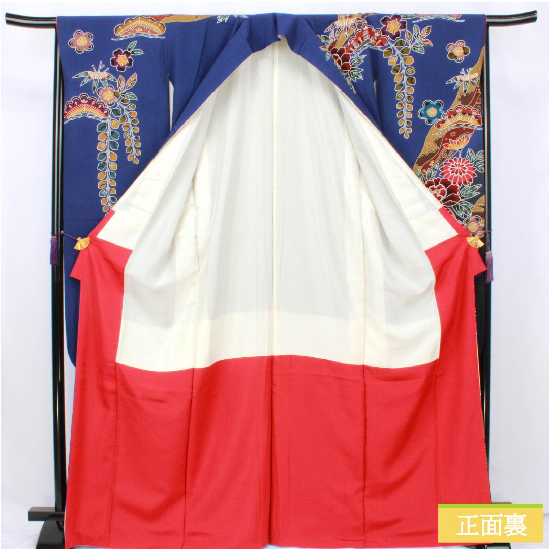 Kimono (Furisode) - Silk - Rank A - Length 170.5cm - Sleeve to neck 67cm - Lined - Bluish purple - Kyo-Bingata - Auspicious patterns - Pine, bamboo, plum blossoms, peonies, wisteria - Blue family - 1113002683617