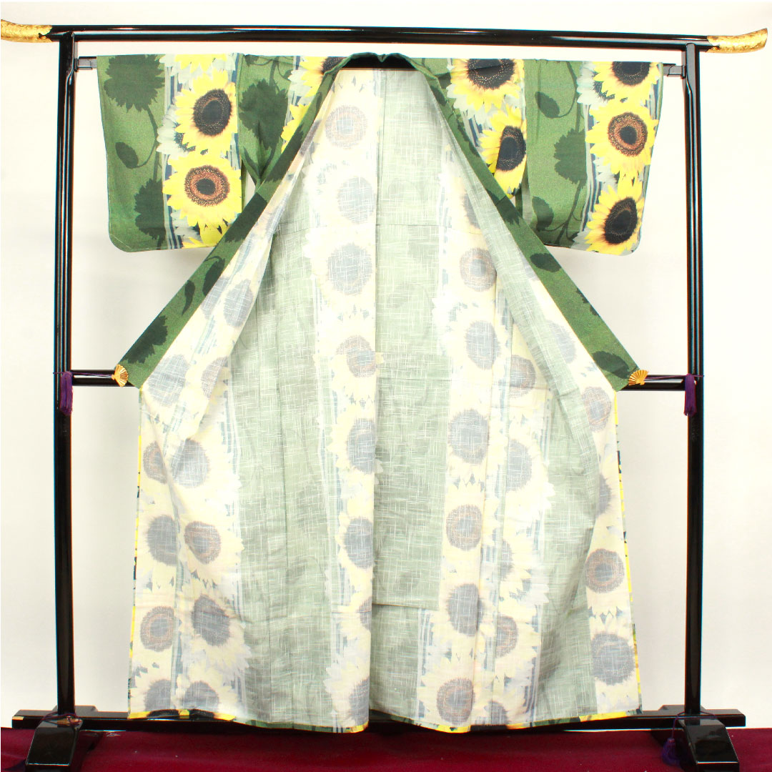 浴衣 しつけ糸付き 未使用品 向日葵 木綿 Sランク 単衣 身丈159cm 裄丈66cm グラデーション系 1118002032399