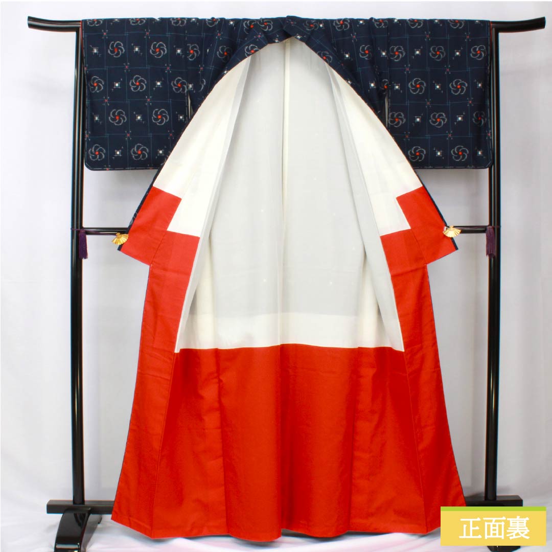 紬 正絹 身丈163.5cm 裄丈66cm 紺色(こんいろ) アンサンブル 格子 ねじり梅 Sランク 袷 紺系 1116003902418