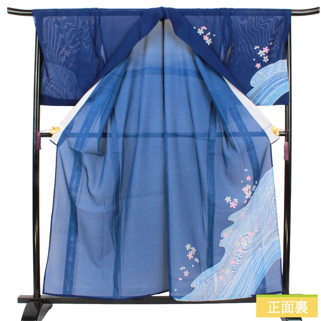 夏物 ポリエステル 付下げ Sランク 身丈158cm 裄丈69cm 紺桔梗色(こんききょういろ) 洗える着物 波 桜 絽 紺系 1132007102318