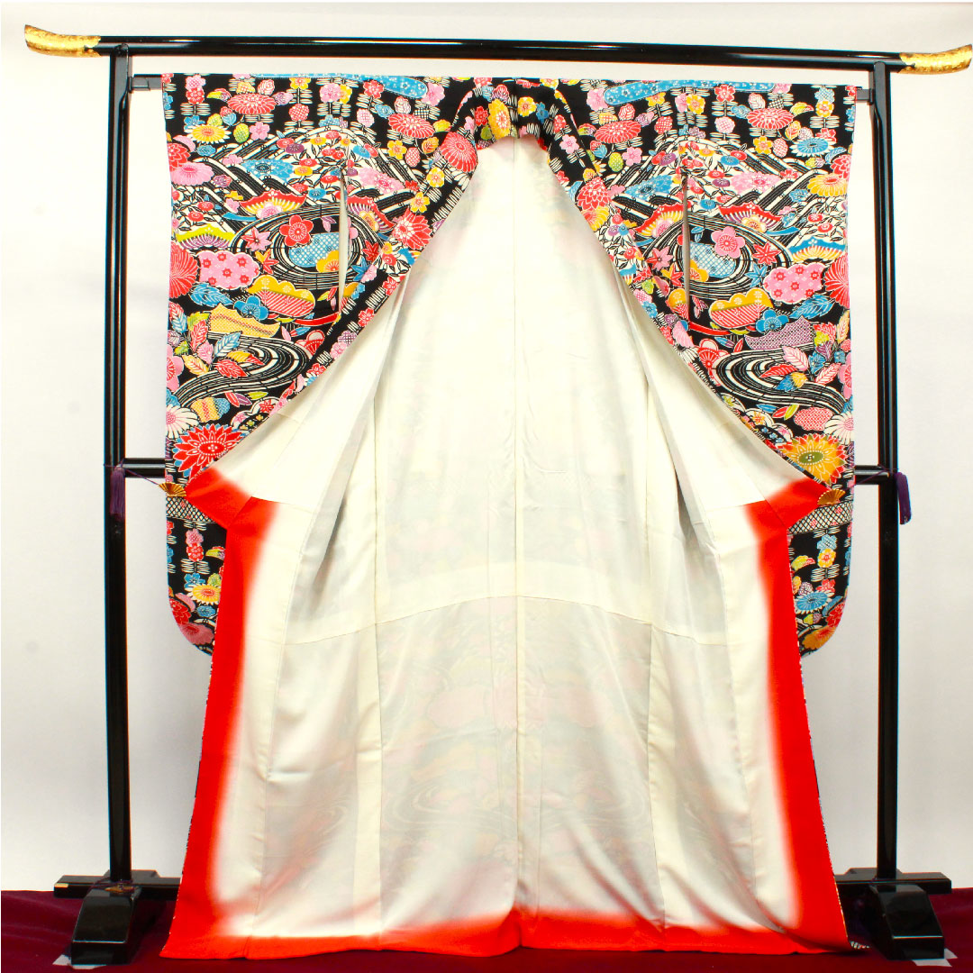 振袖 身丈172cm 裄丈66cm 袷 京紅型 吉祥文様 正絹 Sランク 黒系 1113001682610