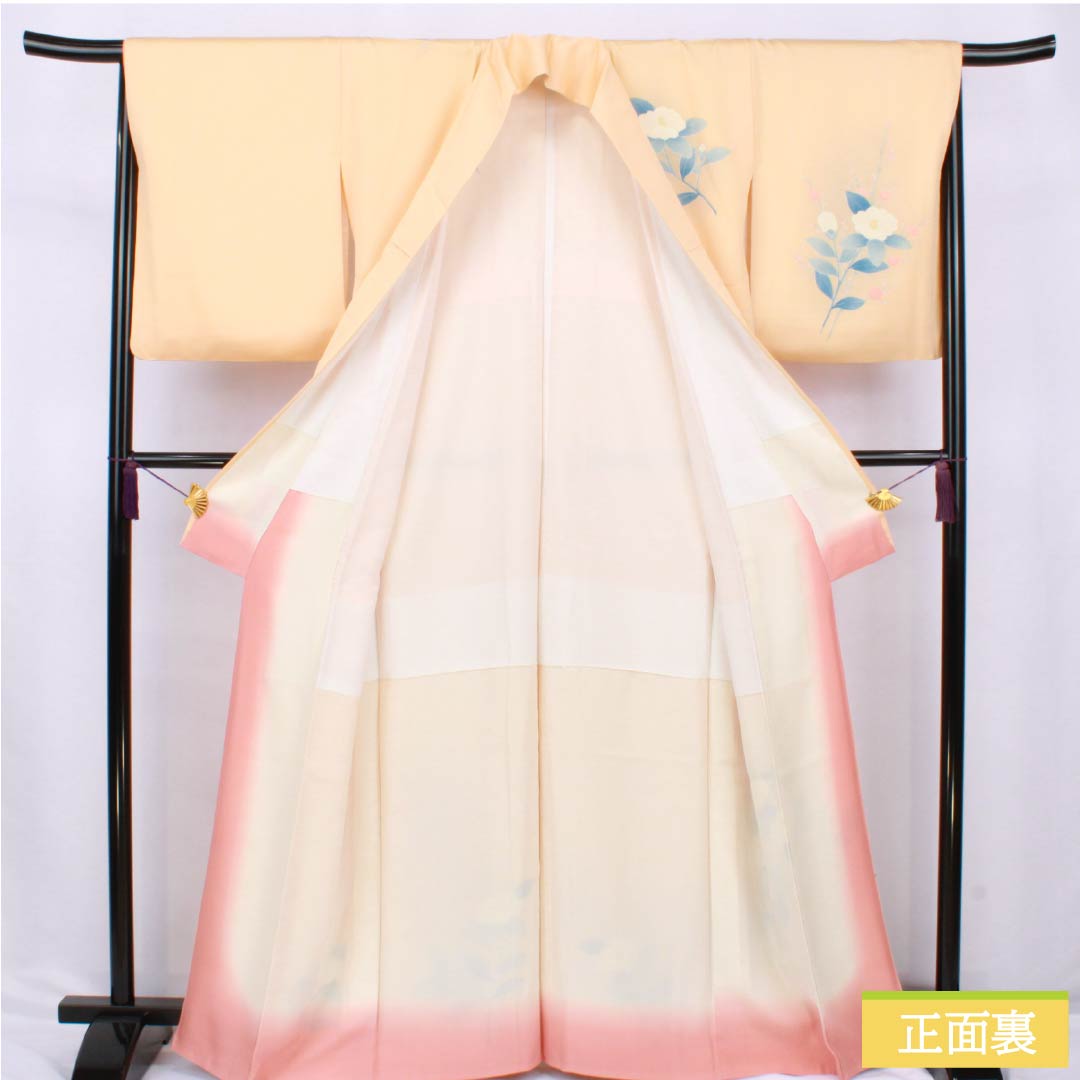 訪問着 正絹 Aランク 袷 身丈166.5cm 裄丈62.5cm 薄柿色(うすがきいろ) 京友禅 椿 橙系 1112006363526