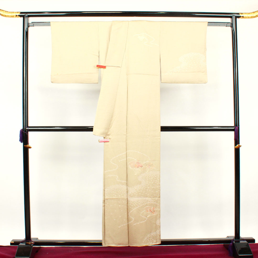 訪問着 袷 身丈153.5cm 裄丈62.5cm 白橡色 刺繡 絞り 扇 正絹 Bランク クリーム系 1112002194215